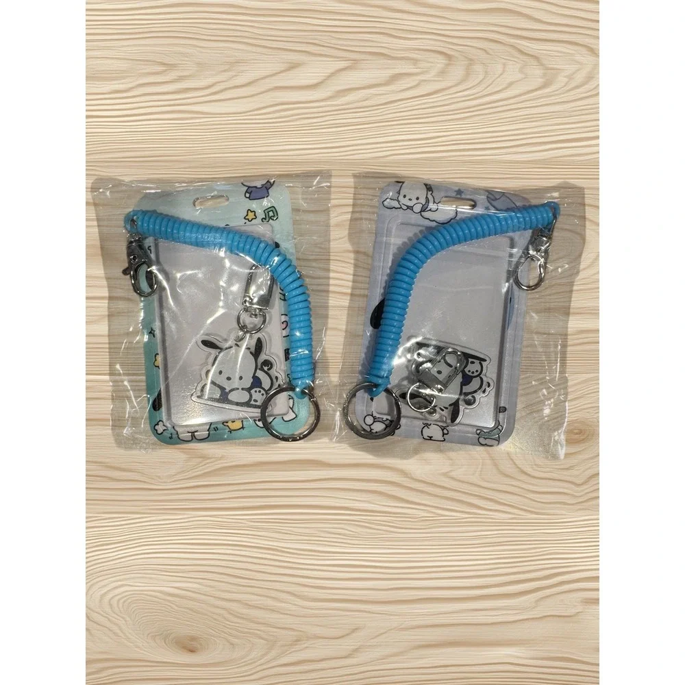 Sanrio Pochacco ID Badge Holder Set 2pc Blue Coiled Lanyard Keychain New